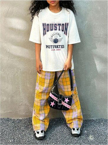 OYOANGLE Girl's Plaid Elastic Waist Pants Straight Leg Long Trousers in Saudi Arabia