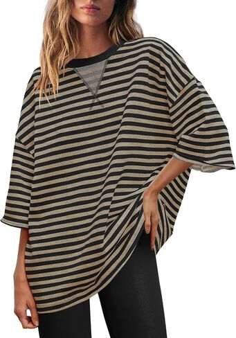 Panadila Womens Striped Short Sleeve Tunic Tops Oversized Crewneck T Shirt Casual Loose Fit Color Block Sweatshirt in Saudi Arabia