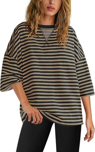 Panadila Womens Striped Short Sleeve Tunic Tops Oversized Crewneck T Shirt Casual Loose Fit Color Block Sweatshirt in Saudi Arabia