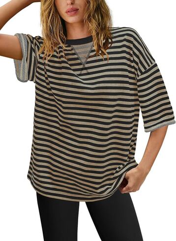 Panadila Womens Striped Short Sleeve Tunic Tops Oversized Crewneck T Shirt Casual Loose Fit Color Block Sweatshirt in Saudi Arabia