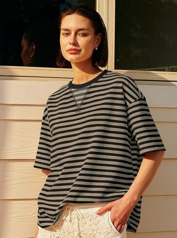 Panadila Womens Striped Short Sleeve Tunic Tops Oversized Crewneck T Shirt Casual Loose Fit Color Block Sweatshirt in Saudi Arabia