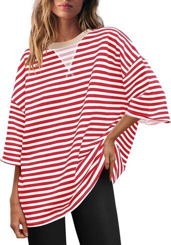 Panadila Womens Striped Short Sleeve Tunic Tops Oversized Crewneck T Shirt Casual Loose Fit Color Block Sweatshirt in Saudi Arabia