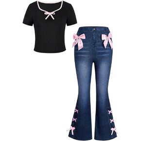 Verdusa Girl's 2 Piece Y2k Bow Outfits Short Sleeve Tees Lace Up Flare Jeans Set with Pocket