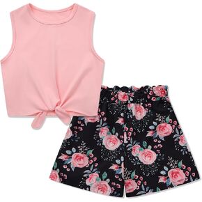 Girl's 2 Piece Outfits Summer Sleeveless Tie Knot Tank Top and Paperbag Waist Girls Shorts Set Clothes Sets 4-12 Years