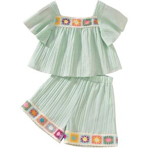 MakeMeChic Girl's 2 Piece Outfits Floral Embroidery Ruffle Half Sleeve Square Neck Blouse and Shorts Set