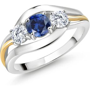 10K Yellow Gold & 925 Sterling Silver Round Gemstone Birthstone and White Moissanite 3-Stone Ring | Round 5MM and 4MM | Two-Tone Split-Shank Wedding Anniversary Promise for Women | Sizes 5-9