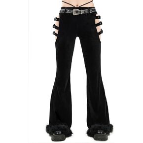 MEOWCOS Gothic Cowboy Pants Slim Fit Women Velvet Trousers Y2K Cut-Out Flared Pants with Belt