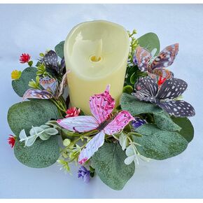 Set of 2 Butterfly Candle Rings Wreaths 4 inch Center, Spring Summer Floral Candle Holder Rings Artificial Butterflies with Eucalyptus Leaves Easter Candle Wreaths Rings