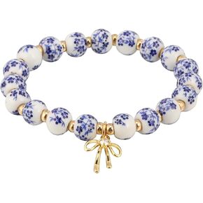 5 Pieces Multilayer Pearl Beaded Bow Bracelet Blue and White Porcelain Gold Silver Beads friendship bracelet set for women