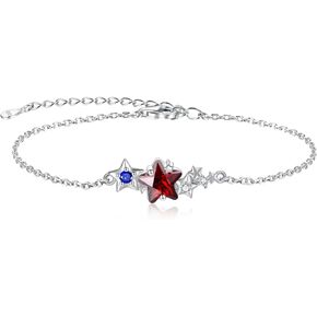 925 Sterling Silver Red White Blue Star Bracelet Patriotic Independence Day USA Flag Jewelry for Women Adjustable Gift