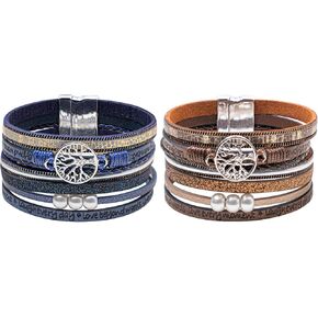 2pcs Leather Bracelets for Women Tree of Life Multi-Layer Wraps Bracelet Boho Leopard Multi-Layer Braided Cuff Bracelet Fashion Stackable Wrist Bracelet Valentine's Day Mother's Day Present