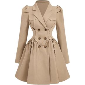 SOLY HUX Women's Trench Coat Lapel Double Breasted Puff Long Sleeve A Line Jacket Outerwear