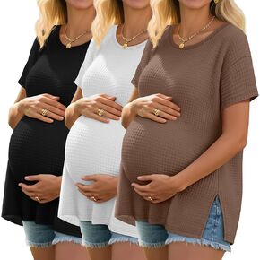 Neer 3 Pack Women's Waffle Maternity Shirts, Drop Shoulder Short Sleeve Split Side Pregnancy Tops Crewneck Loose Basic Tee(Black, White, Brown,Large)