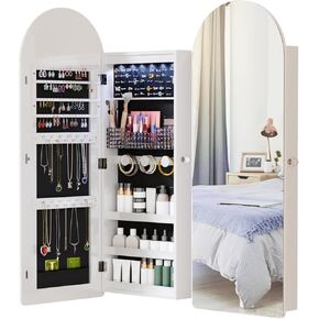 LED Mirror Jewelry Cabinet, 42.5" Arched Wall or Door Mounted Jewelry Armoire with Full-Length Mirror & 2 Drawers, Lockable Jewelry Organizer with Ring Slots & Necklace Hooks, White