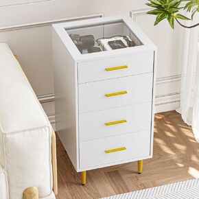 Semiocthome Black Chest of Drawers with Tempered Glass Top, Vanity Desk Side Cabinet with 4 Drawers, Jewelry Watch Display Cabinet with with Velvet Dividing Lattice