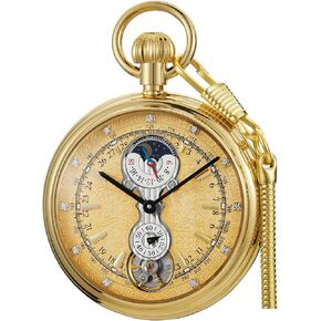 Tourbillon Day&Moon Phase Display Pocket Watch,Mens London Vintage Copper Hand-Wind Mechanical Second&24hours Sub-dials Pocket Watch with Chain&Box in Kuwait