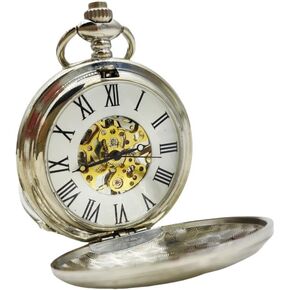 Silver Front and Rear Double Cover Mechanical Hollow Pocket Watch with Roman Numeral dial and Automatic Pocket Watch with Chain, Suitable for Men and Women, Birthdays and Holiday Gifts.