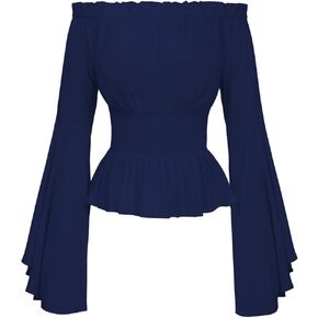 Womens Renaissance Long Sleeve Blouse Victorian Pirate Shirt Boho Tops Ruffle Smocked Waist Cosplay Costumes (Navy,XL)