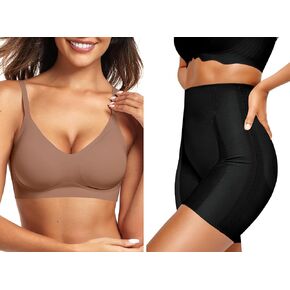 Vertvie Seamless Bra(Coffee,L)+Shapewear Shorts(Black,L)