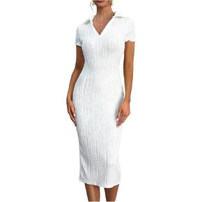 Women's Collar V Neck Bodycon Dress Short Sleeve Dressy Casual Knit Midi Dresses