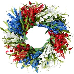 Sggvecsy 21Inch 4th of July Patriotic Day Wreath with Artificial Floral Red Blue White Lavender Flower Wreath Patriotic Decorations for Front Door Memorial Day Independence Day Veterans Day
