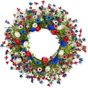 22 Inches Patriotic Wreaths for Front Door 4th of July Wreath Independence Day Wreath with Red White and Blue Tulip Flowers for Window Wall Front Porch Memorial Flag Decor