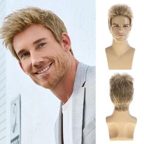 SALLCKS MENS قصير البني البني المستعار الطبقات الطبيعية الهالوين الباروكة المستعارين البديل البديل للرجال للرجال الذكور
