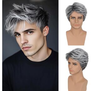 Mens Wig Short Synthetic Wigs for Daily Costume Halloween Wig (Color:Grey White#) in Saudi Arabia