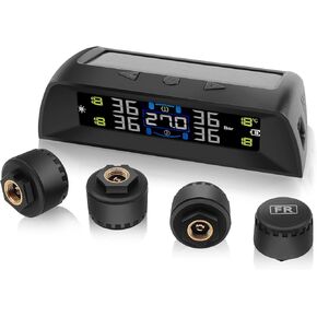 2025 Upgraded Tire Pressure Monitoring System with in-Car Temperature Real-Time Monitoring, TPMS with 4 External sensors & 6 Alarm Modes, LCD Display, Auto Sleep Mode