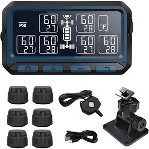 B-Qtech RV Tire Pressure Monitoring System Trailer Solar TPMS with 6 External Sensors & Signal Repeater, 3.3inch LCD Screen Brightness Adjustable 7 Alert Modes Real Time Display Press Temp (0-199PSI)