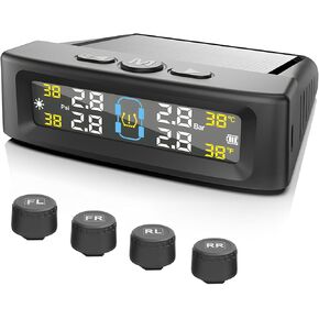 نظام مراقبة ضغط إطارات RV ، نظام مراقبة ضغط إطارات TPMS (0-50psi) مع 4 مستشعرات خارجية و 5 أوضاع إنذار ، يدعم شحن الطاقة الشمسية و USB (أسود)