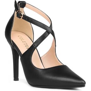 COLETER Womens 4" Pointed Toe D'Orsay Pumps Stilettos High Heel Crossed Ankle Strap Dress Shoes