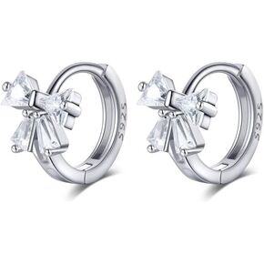 Reffeer Solid 925 Sterling Silver CZ Bow Hoop Earrings Ribbon for Women Teens Small Bowknot Hoop Earrings Cartilage