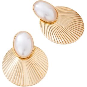 أقراط Bold Gold & Pearl للنساء مقاس 18 كيلو بايت مطلي بالذهب-أقراط متدلية على شكل مروحة عتيقة-مجوهرات أنيقة لحفلات الزفاف والحفلات والمناسبات الخاصة