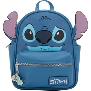 Disney Stitch Big Face Mini PU Backpack Purse, Shoulder Bag with Epoxy Filled Metal Scrump Charm, 10.5 Inch, Adjustable Straps, Faux Leather