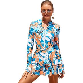 FYMNSI Women's Modest Rash Guard One Piece Swimsuit Zipper Long Sleeve Swim Dress with Shorts Bathing Suit Athletic Swimskirt