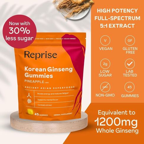 Ginseng Gummies للبالغين | ملحق الجينسنغ الكوري للرجال وللنساء | 240 ملغ الجينسنغ الجينسنغ صغار | طاقة غموض للذاكرة ، والمناعة | مخفضة السكر الجينسنغ يمضغ ، 45 غومين in Kuwait