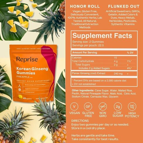 Ginseng Gummies للبالغين | ملحق الجينسنغ الكوري للرجال وللنساء | 240 ملغ الجينسنغ الجينسنغ صغار | طاقة غموض للذاكرة ، والمناعة | مخفضة السكر الجينسنغ يمضغ ، 45 غومين in Kuwait