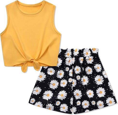 Girl's 2 Piece Outfits Summer Sleeveless Tie Knot Tank Top and Paperbag Waist Girls Shorts Set Clothes Sets 4-12 Years in Saudi Arabia