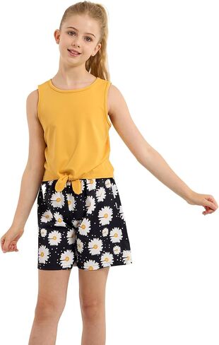Girl's 2 Piece Outfits Summer Sleeveless Tie Knot Tank Top and Paperbag Waist Girls Shorts Set Clothes Sets 4-12 Years in Saudi Arabia