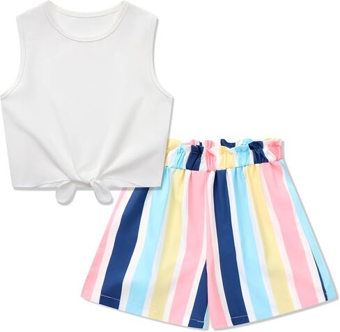 Girl's 2 Piece Outfits Summer Sleeveless Tie Knot Tank Top and Paperbag Waist Girls Shorts Set Clothes Sets 4-12 Years in Saudi Arabia