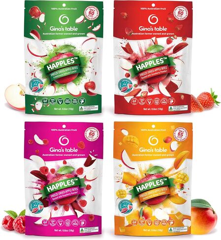 Happles Freeze Dried Apples Variety Pack with Mango, Raspberry, & Strawberry Fruit Powder – 100% Natural, No Added Sugar, Healthy Low Calorie Apple Crisps Snack, No Artificial Flavours (4 Pack) in Saudi Arabia