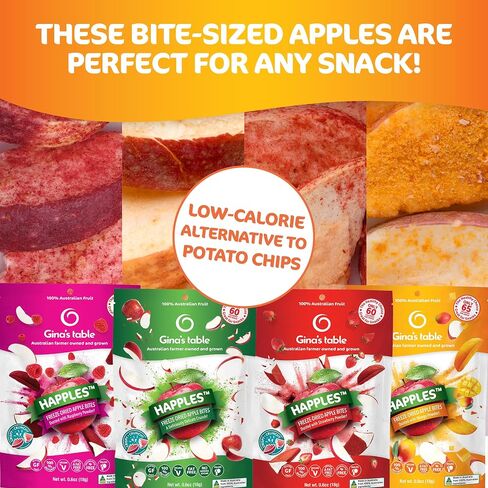 Happles Freeze Dried Apples Variety Pack with Mango, Raspberry, & Strawberry Fruit Powder – 100% Natural, No Added Sugar, Healthy Low Calorie Apple Crisps Snack, No Artificial Flavours (4 Pack) in Saudi Arabia