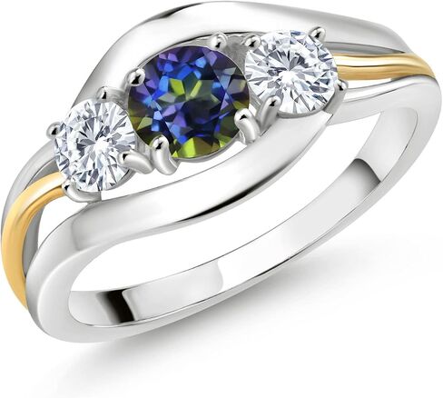 10K Yellow Gold & 925 Sterling Silver Round Gemstone Birthstone and White Moissanite 3-Stone Ring | Round 5MM and 4MM | Two-Tone Split-Shank Wedding Anniversary Promise for Women | Sizes 5-9 in Saudi Arabia