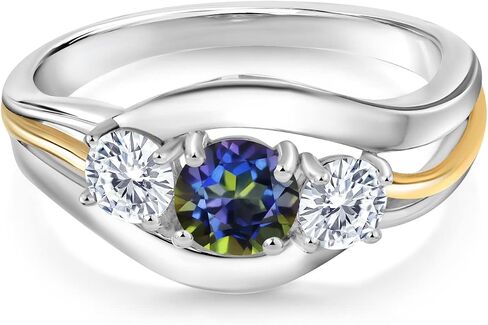 10K Yellow Gold & 925 Sterling Silver Round Gemstone Birthstone and White Moissanite 3-Stone Ring | Round 5MM and 4MM | Two-Tone Split-Shank Wedding Anniversary Promise for Women | Sizes 5-9 in Saudi Arabia