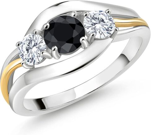 10K Yellow Gold & 925 Sterling Silver Round Gemstone Birthstone and White Moissanite 3-Stone Ring | Round 5MM and 4MM | Two-Tone Split-Shank Wedding Anniversary Promise for Women | Sizes 5-9 in Saudi Arabia