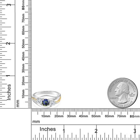 10K Yellow Gold & 925 Sterling Silver Round Gemstone Birthstone and White Moissanite 3-Stone Ring | Round 5MM and 4MM | Two-Tone Split-Shank Wedding Anniversary Promise for Women | Sizes 5-9 in Saudi Arabia