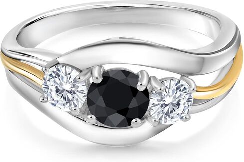 10K Yellow Gold & 925 Sterling Silver Round Gemstone Birthstone and White Moissanite 3-Stone Ring | Round 5MM and 4MM | Two-Tone Split-Shank Wedding Anniversary Promise for Women | Sizes 5-9 in Saudi Arabia