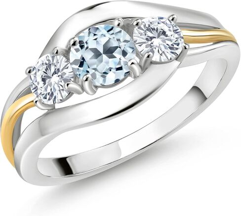 10K Yellow Gold & 925 Sterling Silver Round Gemstone Birthstone and White Moissanite 3-Stone Ring | Round 5MM and 4MM | Two-Tone Split-Shank Wedding Anniversary Promise for Women | Sizes 5-9 in Saudi Arabia