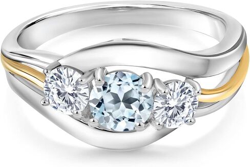 10K Yellow Gold & 925 Sterling Silver Round Gemstone Birthstone and White Moissanite 3-Stone Ring | Round 5MM and 4MM | Two-Tone Split-Shank Wedding Anniversary Promise for Women | Sizes 5-9 in Saudi Arabia